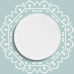 Round vector frame with floral elements and arabesques. Light blue and white pattern with arabesques. Fine greeting card