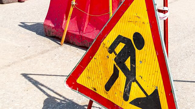 Road works traffic sign at the city street