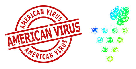 American Virus corroded stamp print and lowpoly spectrum colored virus grapes bunch icon with gradient. Red stamp contains American Virus caption inside circle and lines template.