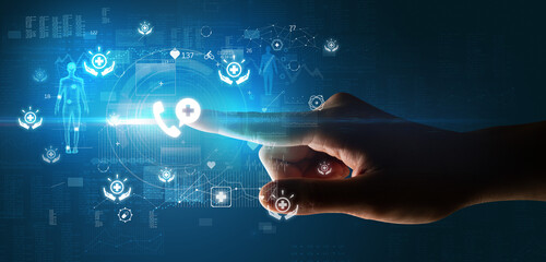 Doctor hand pressing futuristic health device with medical symbol on screen