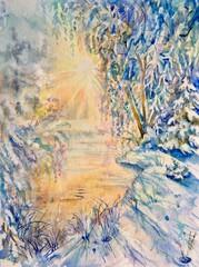 Winter landscape with a lake in the morning time. Watercolor  christmas landscape.