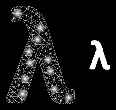 Constellation mesh Lambda Greek lowercase letter web icon with sparkle light spots. Illuminated constellation done from Lambda Greek lowercase letter vector icon.