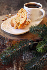 Italian cookies: almond cantuccini and cup of coffee for New Year breakfast