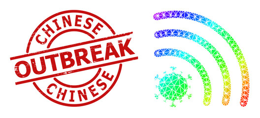 Chinese Outbreak corroded stamp imitation, and low-poly spectral colored virus wi-fi signal icon with gradient. Red stamp has Chinese Outbreak tag inside circle and lines form.