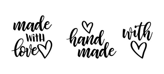 Vector set with trendy hand made labels and badges with heart symbol. Handmade, Made with Love lettering for handcraft goods isolated on white background