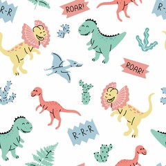 Seamless pattern with hand drawn dinosaurs in scandinavian style. Creative vector trendy childish background for fabric, textile