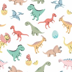 Seamless pattern with hand drawn dinosaurs in scandinavian style. Creative vector trendy childish background for fabric, textile