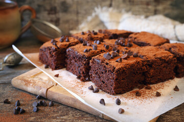 Chocolate Zucchini brownie cake with chocolate chips, cocoa  powder dressing