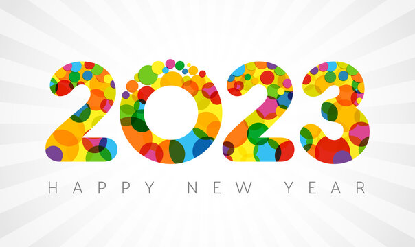 2023 A Happy New Year sign, congrats. Horizontal logotype concept. Snowy white backdrop. Abstract isolated graphic design template. Decorative coloured digits 0, 2, 3. Creative Christmas decoration.
