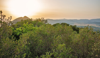 Aerial view on sunset over western coast of Corfu, Greece.