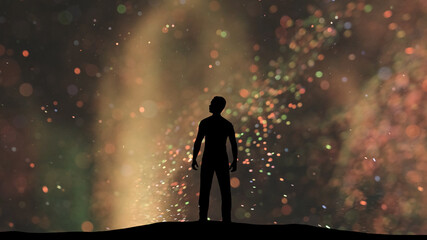 The man stands on small shimmering particles background