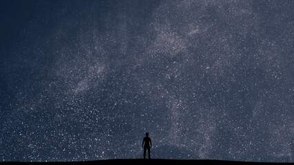 The man stands on a picturesque starry sky background