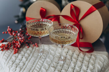Glasses of wine with romantic christmas decoration. Holiday, new year concept