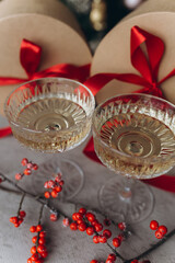 Glasses of wine with romantic christmas decoration. Holiday, new year concept