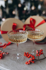 Glasses of wine with romantic christmas decoration. Holiday, new year concept