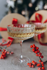 Glasses of wine with romantic christmas decoration. Holiday, new year concept