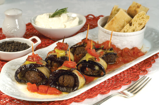 Traditional delicious Turkish food; Kofte kebab wrapped in eggplant (Turkish name; Islim - islim kebabi or kurdan kebabi)