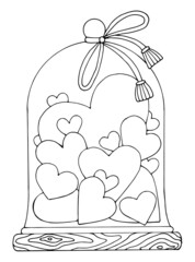 Coloring page love. Cute glass vase with sweet hearts and bow. Valentine design. Hand drawn vector line art illustration. Coloring book for children and adults. Romantic black and white sketch.