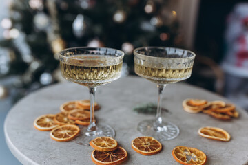 Glasses of wine with romantic christmas decoration. Holiday, new year concept