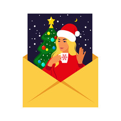 Xmas greeting card. Happy woman celebrate winter holidays. New Year's attributes. Vector illustration. Flat