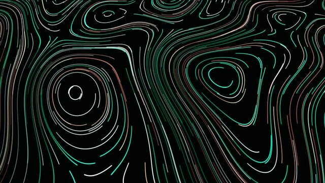 Abstract visualization of vacuole silhouettes by moving neon narrow lines on a black background. Motion. concept of microbiology science.
