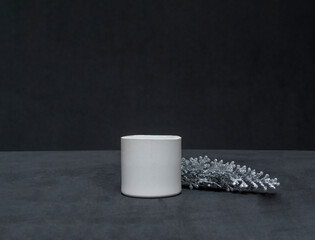 A podium for products with a silver branch on a black background. Close up copy space