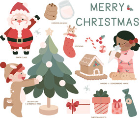 A vector set of Merry Christmas icons: Santa Claus, a boy decorates Christmas tree, a girl decorates gingerbread house, cookies, milk, presents, gifts, stocking, reindeer, pajamas, star, green, red