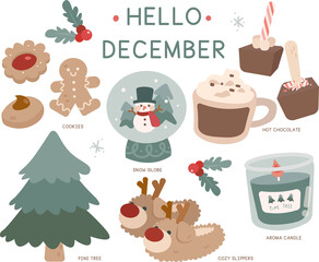 A vector set of hello Christmas icons: cookies, snow globe, snowman, hot chocolate, chocolate stick, peppermint, marshmallow, aroma candle, cozy slippers, pine tree, holly berries, reindeer, rudolf.