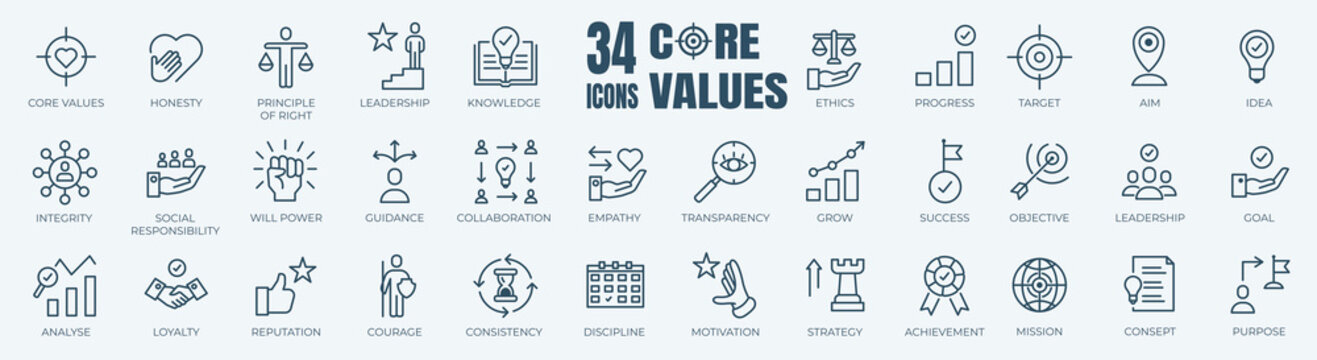 Simple Set of Core Values, Goals and Target Related Vector Line Icons. Contains thin Icons as Achievement, Aim, Motivation and more. Editable Stroke. 48x48 Pixel Perfect