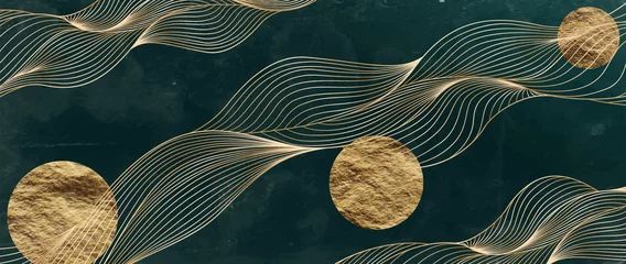Tuinposter Luxe donkergroene en gouden kunstachtergrond met maan- of zongolvenlijnen. Abstracte achtergrond voor woondecoratie, print, stof © VectorART