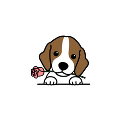 Cute beagle puppy holding a rose in mouth cartoon, vector illustration