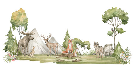 Watercolor composition with forest animals and nature. Deer, fox, wolf, moose, hare, green trees, pine, fir, flowers and mountains. Woodland creatures in the wild. Illustration for nursery, wallpaper