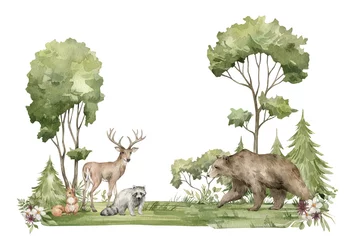  Watercolor composition with forest animals and natural elements. Deer, raccoon, bear, squirrel, green trees, flowers and mountains. Woodland creatures in the wild. Illustration for nursery, wallpaper © Kate K.