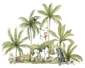 Naklejki  Watercolor jungle animals and tropical palms. Tropical compositions. Panther, capibara, ocelot, armadillo, parrot, toucan. Bright summer exotic nature. 