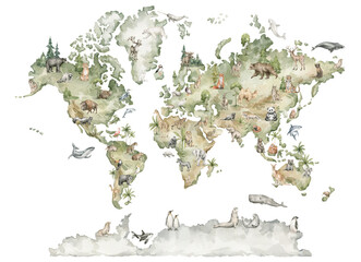 Watercolor world map with animals and natural elements. Geographical map. Hand-painted earth isolated on white. Nursery print