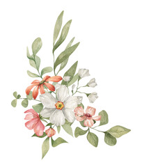 Naklejka premium Watercolor bouquet with white narcissus flowers, leaves, branches and twigs isolated on white. Aesthetic spring-summer composition, floral arrangements, delicate meadow wildflowers