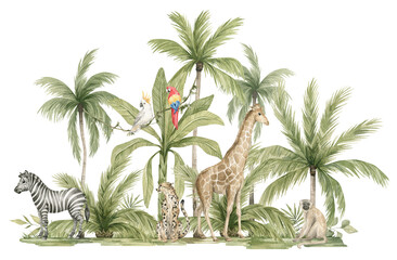 Watercolor safari animals and tropical palms. Jungle compositions. Giraffe, zebra, cheetah, monkey, parrot. Bright summer exotic jungle.  - obrazy, fototapety, plakaty