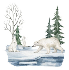 Watercolor composition with Polar animals and nature. Polar bear, arctic fox, ermine, pine trees, snow. Woodland creatures in the wild. Illustration for nursery, wallpaper © Kate K.