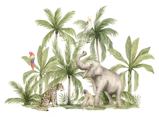  Watercolor safari animals and tropical palms. Jungle compositions. Elephant, jaguar, monkey, parrots. Bright summer exotic jungle.  © Kate K.