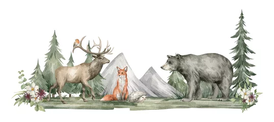  Watercolor composition with forest animals and nature. Deer, fox, wolf, black bear, green trees, pine, fir, flowers and mountains. Woodland creatures in the wild. Illustration for nursery, wallpaper © Kate K.