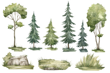 Watercolor set with trees, grass, rocks, fir-trees. Pine, spruce, aspen, hills. Forest elements for landscape - 473870321