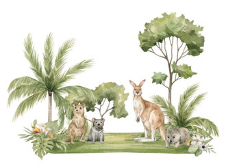 Watercolor Australian nature and animals. Kangaroo, quokka, Tasmanian devil, wombat, palms, trees, flowers. Wild creatures, nature. Illustration for nursery, wallpaper © Kate K.