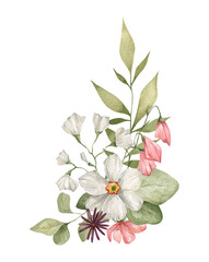 Watercolor bouquet with white narcissus flowers, leaves, branches and twigs isolated on white. Aesthetic spring-summer composition, floral arrangements, delicate meadow wildflowers