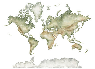 Watercolor world map. Geographical map. Hand-painted earth isolated on white. Nursery print