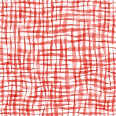 Watercolor seamless buffalo pattern of horizontal and vertical lines united in checks. Plaid checkered texture of thick and thin red lines on white. Trend for Christmas tablecloth, fabric, wallpaper