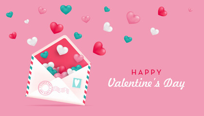 Valentines Day banner template with hearts and envelope in 3D realistic style. Vector illustration