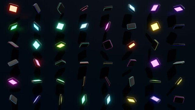 4r loop dark background with abstract blocks on plane like devices with screen lighting with multicolor neon light. Bg for festive show or holiday events, concerts, music videos, VJ for night clubs.