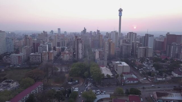 Aerial view of downtown Johannesburg at sunset