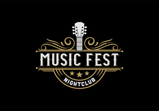Vintage retro classic guitar, country music festival emblem logo design template