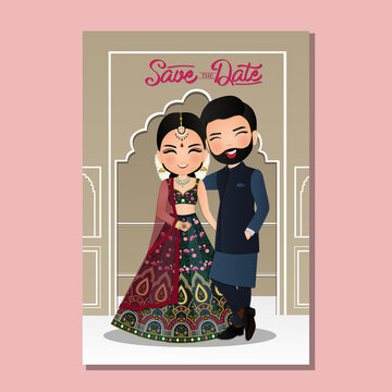  Wedding invitation card the bride and groom cute couple in traditional indian dress cartoon character. Vector illustration